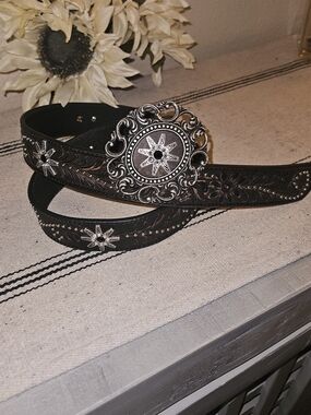 Nocona Floral Tooled Leather Belt with Decorative Silver Conchos